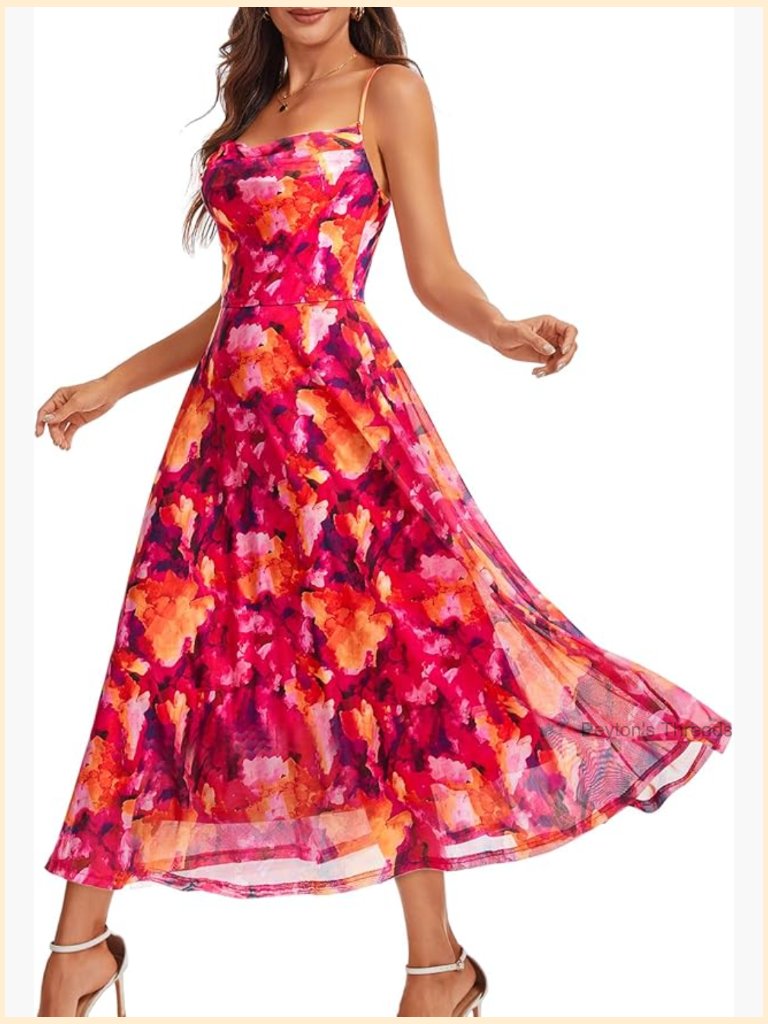 Floral Wedding Guest Dress With Adjustable Straps, Stretchy A-Line Mesh, Fully